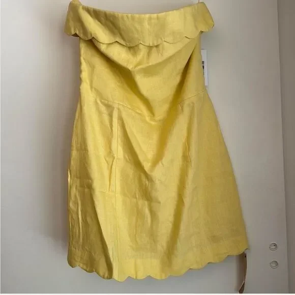 Reformation Isles Linen Mini Scallop Edge Strapless Dress Zest Yellow Sz 12